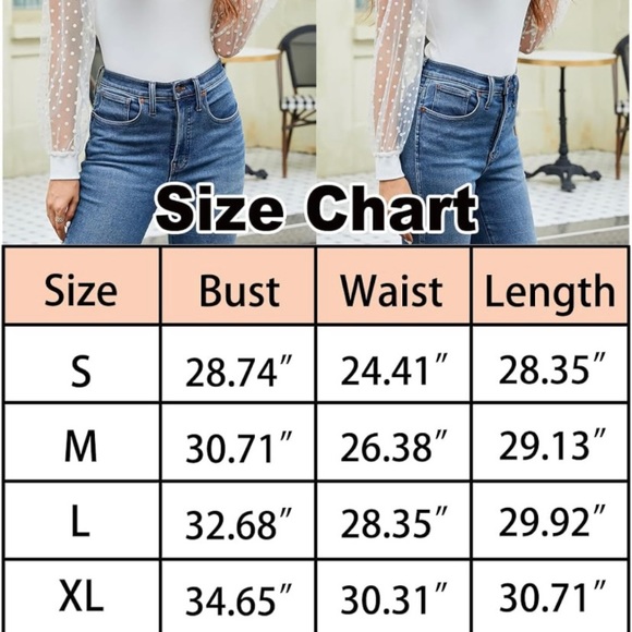 Women's  Turtle Neck Polka Dot Sheer Mesh Puff Long Sleeve Bodysuit Blouses - Picture 7 of 7